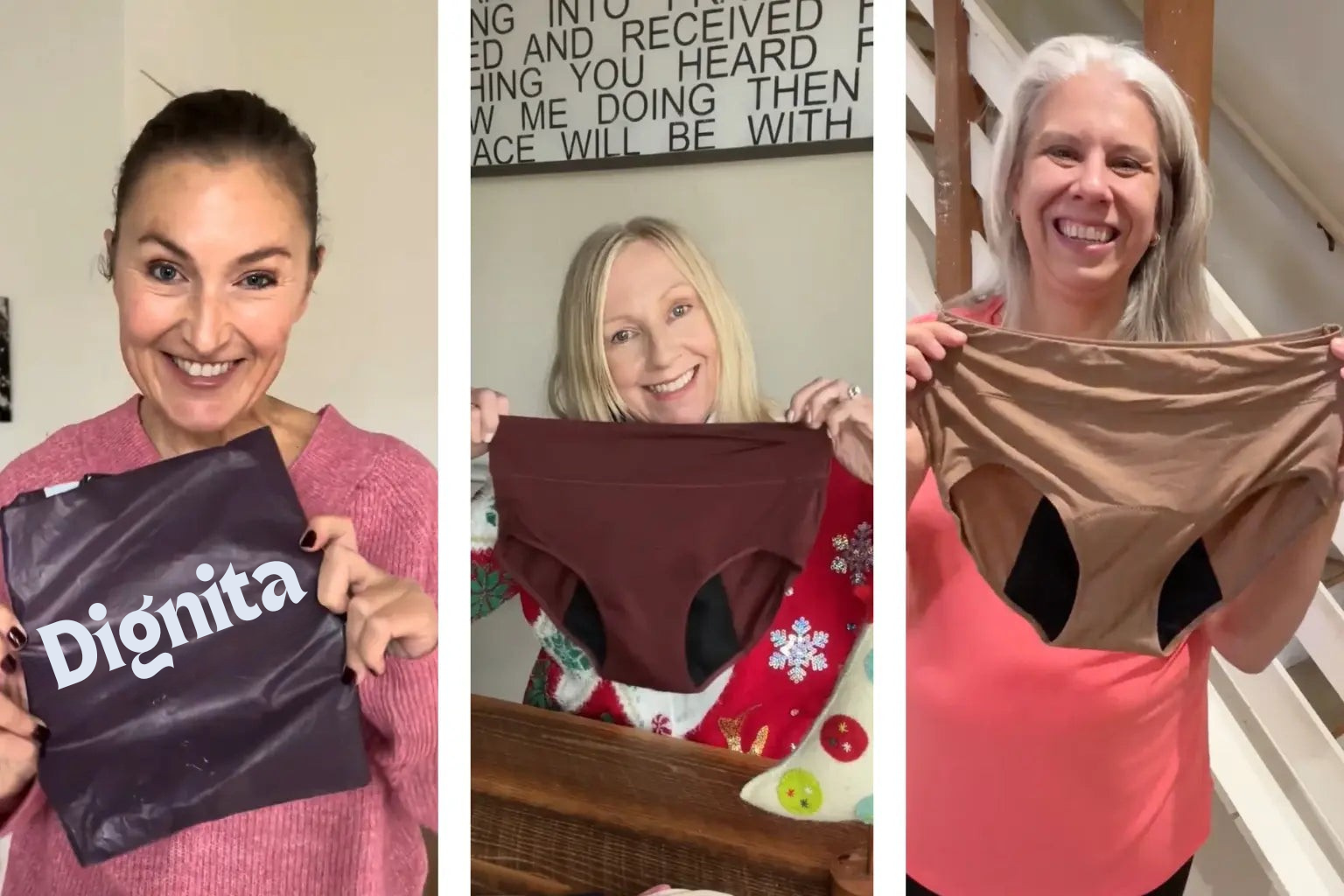 Collage de trois femmes heureuses tenant des culottes Dignita